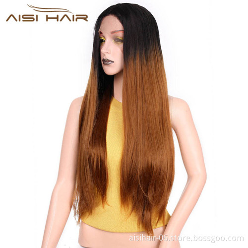 Dropshoppping Silky Straight Wig Lace Frontal Ombre Brown Dark Long Wig Natural Wave Front Lace Hair Wigs For Women